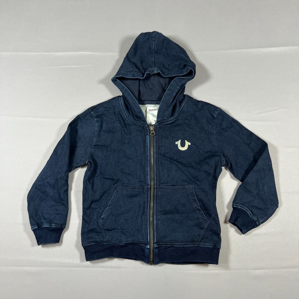 True Religion World Tour Big T Zip Up Hoodie Kids 4 Blue Cotton Buddha Logo